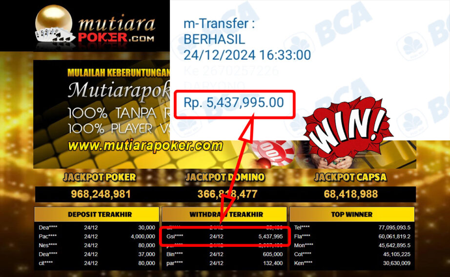 Bukti Withdraw ( 5,437,995,-) Member Setia Mutiarapoker