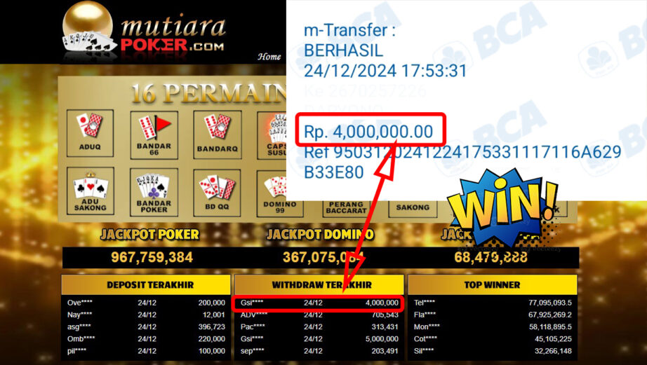 Bukti Withdraw ( 4,000,000,-) Member Setia Mutiarapoker