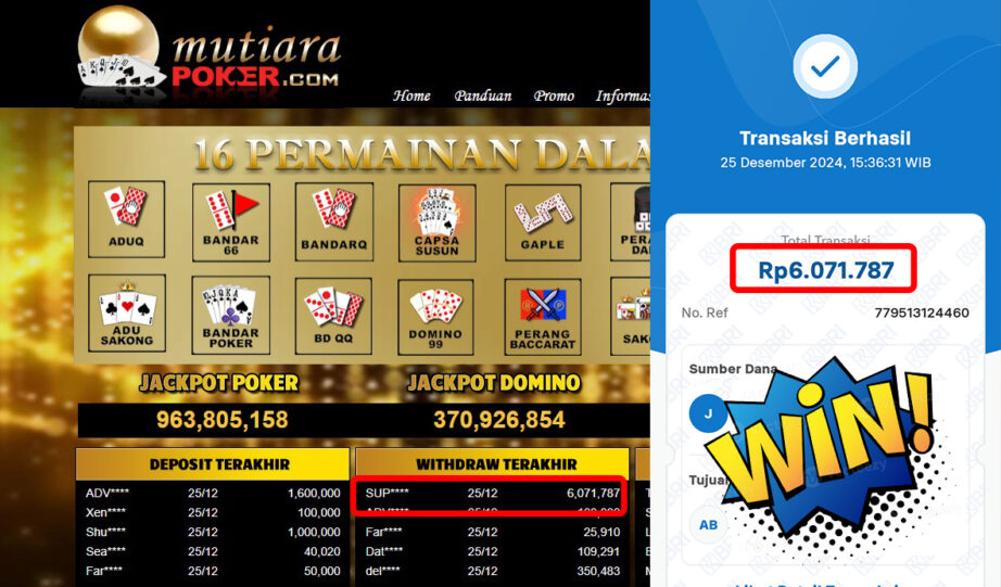 Bukti Withdraw ( 6,071,787,-) Member Setia Mutiarapoker