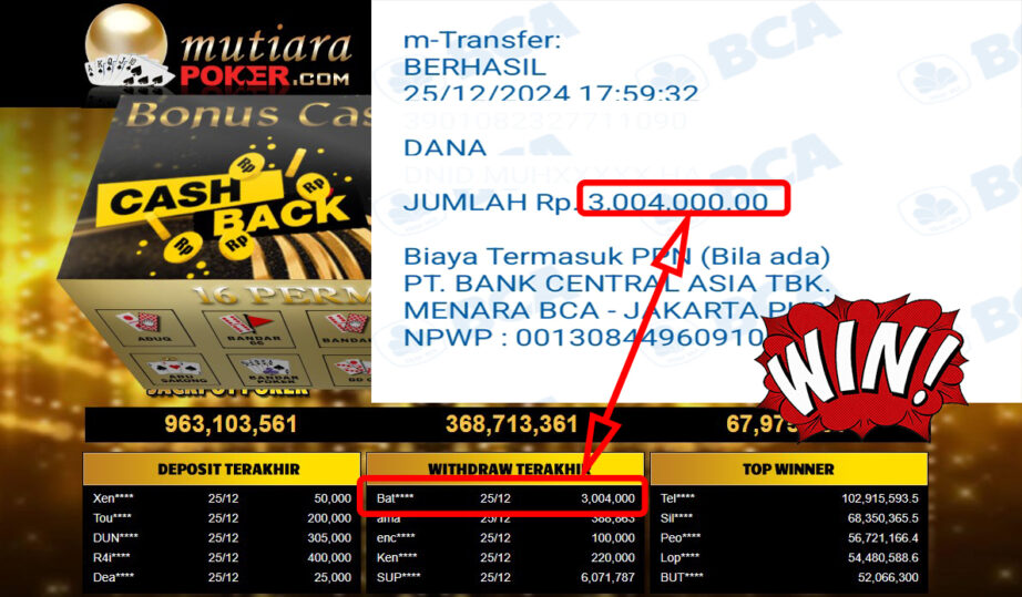 Bukti Withdraw ( 3,004,000,-) Member Setia Mutiarapoker