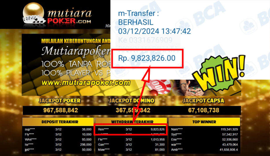 Bukti Withdraw ( 9,823,826,-) Member Setia Mutiarapoker