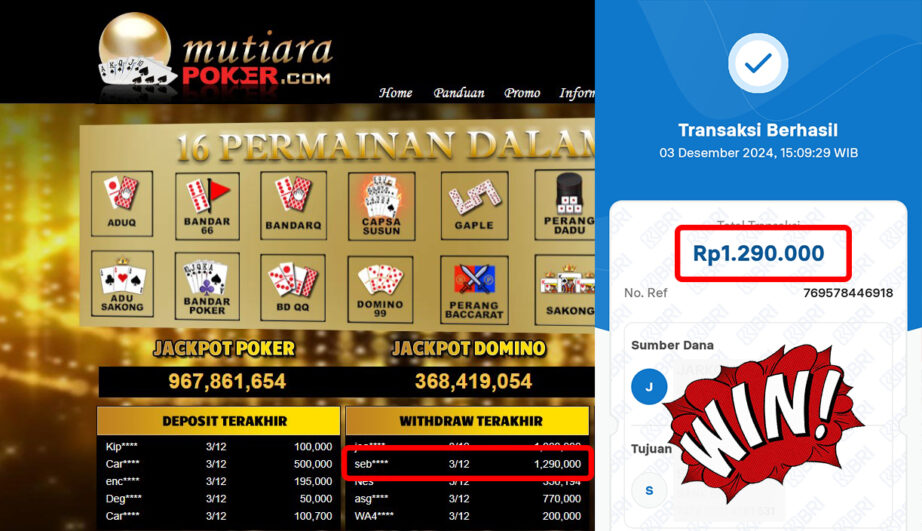 Bukti Withdraw ( 1,290,000,-) Member Setia Mutiarapoker