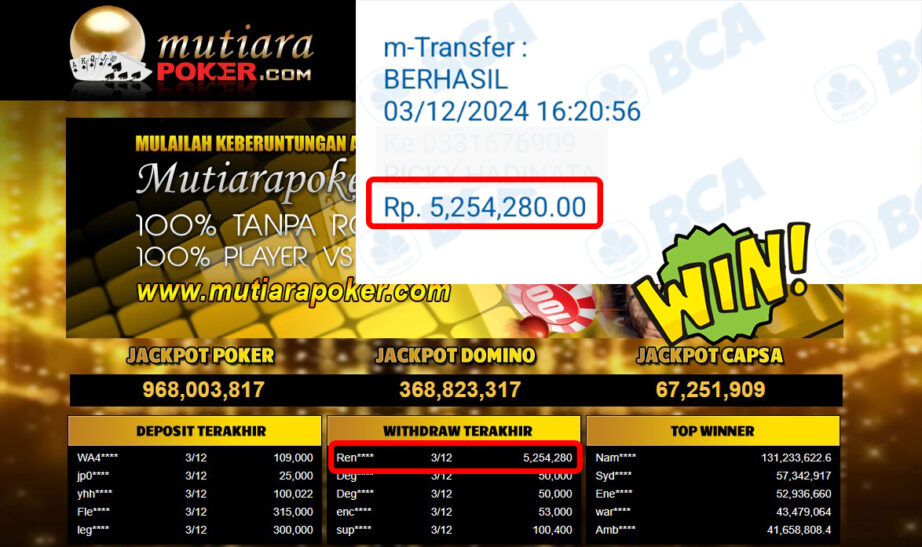 Bukti Withdraw ( 5,254,280,-) Member Setia Mutiarapoker