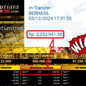 Bukti Withdraw ( 2,252,941,-) Member Setia Mutiarapoker