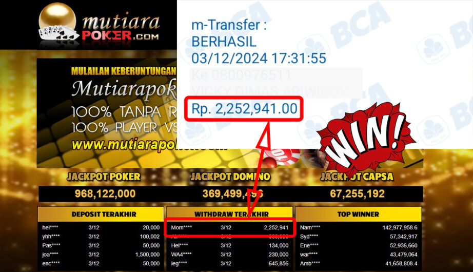 Bukti Withdraw ( 2,252,941,-) Member Setia Mutiarapoker