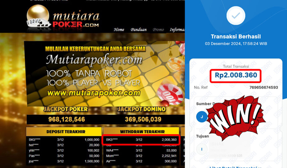 Bukti Withdraw ( 2,008,360,-) Member Setia Mutiarapoker