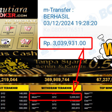 Bukti Withdraw ( 3,039,931,-) Member Setia Mutiarapoker