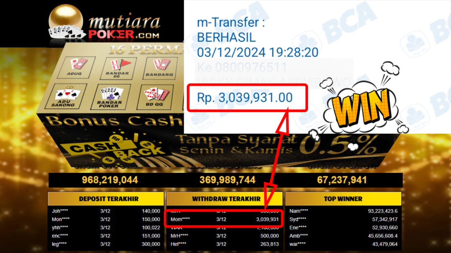 Bukti Withdraw ( 3,039,931,-) Member Setia Mutiarapoker