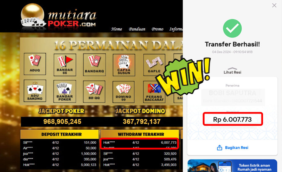 Bukti Withdraw ( 6,007,773,-) Member Setia Mutiarapoker