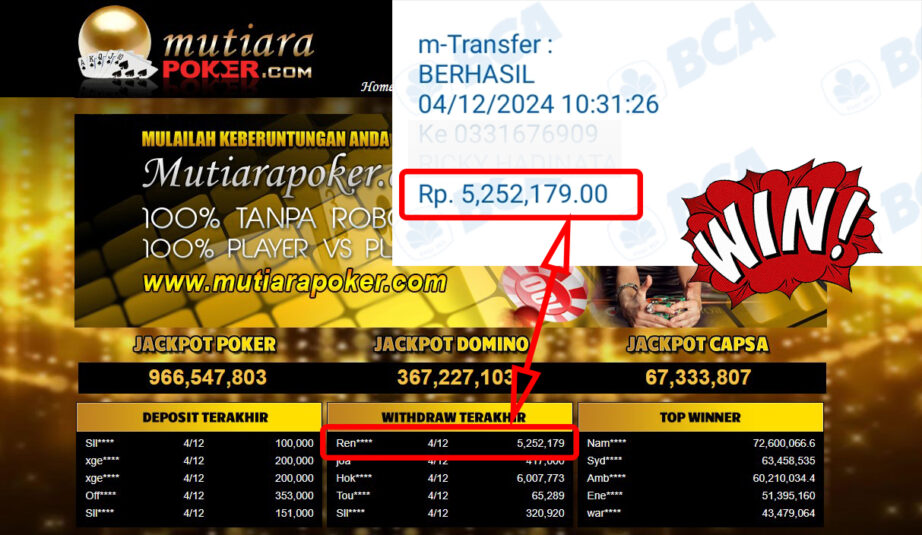 Bukti Withdraw ( 5,252,179,-) Member Setia Mutiarapoker