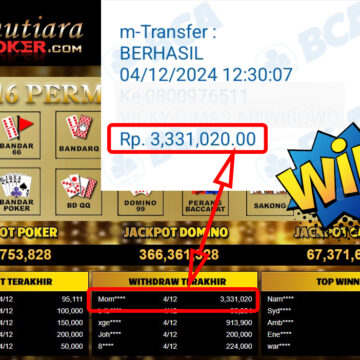 Bukti Withdraw ( 3,331,020,-) Member Setia Mutiarapoker