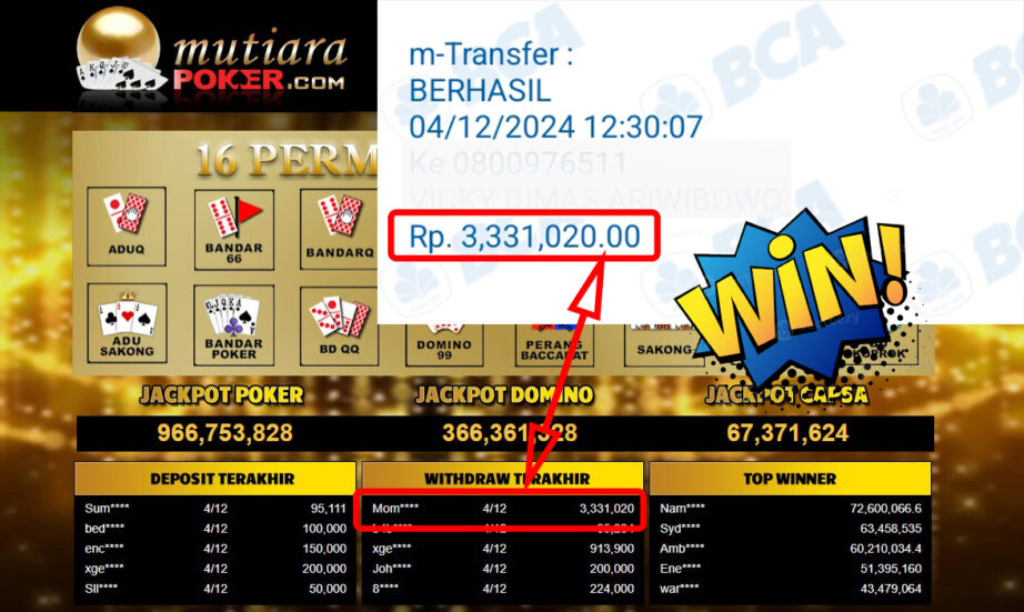 Bukti Withdraw ( 3,331,020,-) Member Setia Mutiarapoker