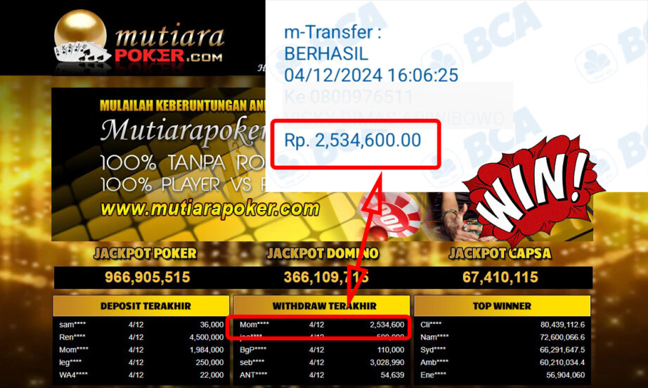 Bukti Withdraw ( 2,534,600,-) Member Setia Mutiarapoker