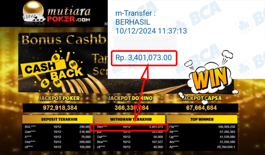 Bukti Withdraw ( 3,401,073,-) Member Setia Mutiarapoker