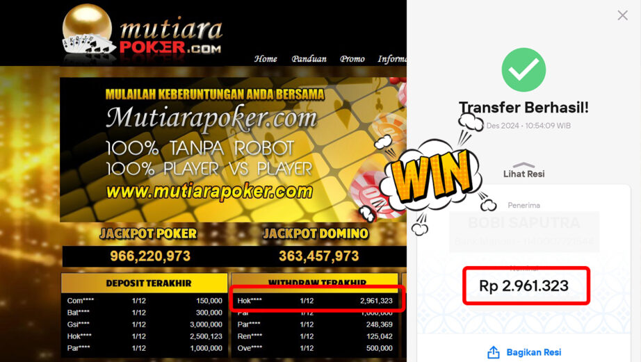 Bukti Withdraw ( 2,961,323,-) Member Setia Mutiarapoker