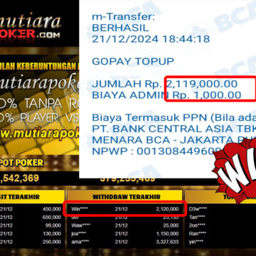 Bukti Withdraw ( 2,120,000,-) Member Setia Mutiarapoker