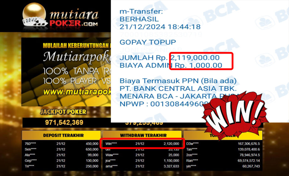 Bukti Withdraw ( 2,120,000,-) Member Setia Mutiarapoker