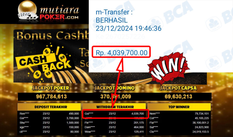 Bukti Withdraw ( 4,039,700,-) Member Setia Mutiarapoker