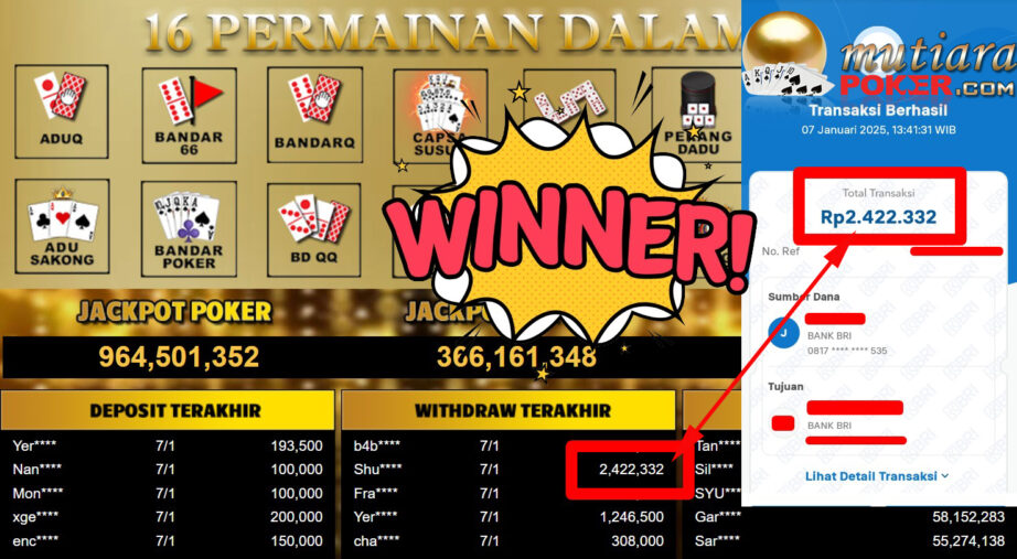 Bukti Withdraw ( 2.422.332,-) Member Setia Mutiarapoker