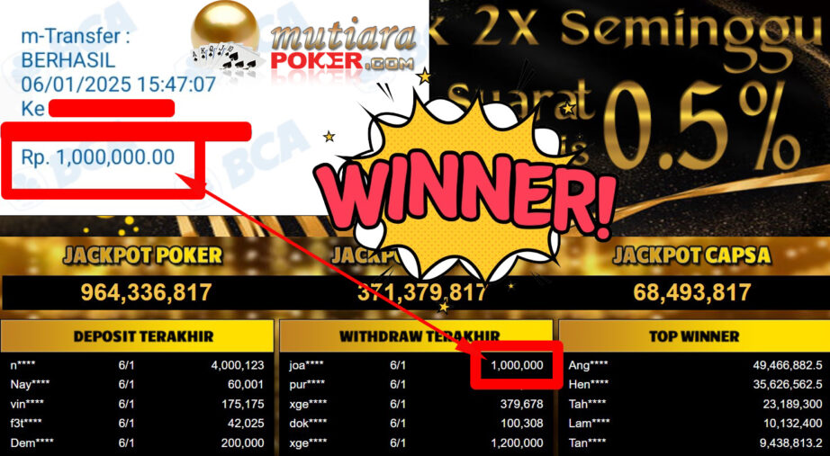 Bukti Withdraw ( 1.000.000,-) Member Setia Mutiarapoker