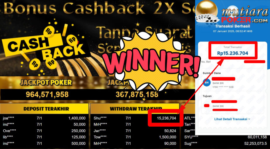 Bukti Withdraw ( 15.236.704,-) Member Setia Mutiarapoker