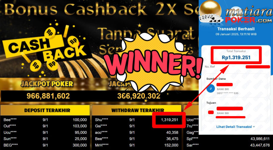 Bukti Withdraw ( 1.319.251,-) Member Setia Mutiarapoker