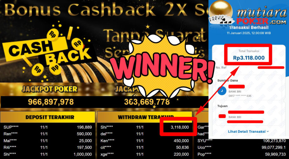 Bukti Withdraw ( 3.118.000,-) Member Setia Mutiarapoker