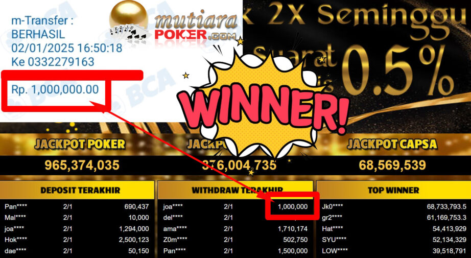 Bukti Withdraw ( 1.000.000,-) Member Setia Mutiarapoker