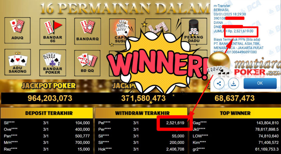 Bukti Withdraw ( 2.521.619,-) Member Setia Mutiarapoker