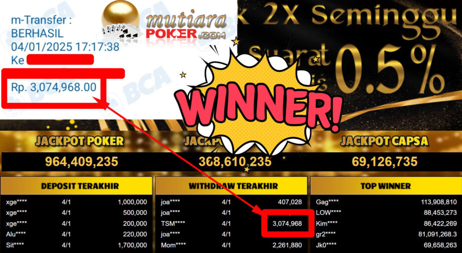 Bukti Withdraw ( 3.074.968,-) Member Setia Mutiarapoker