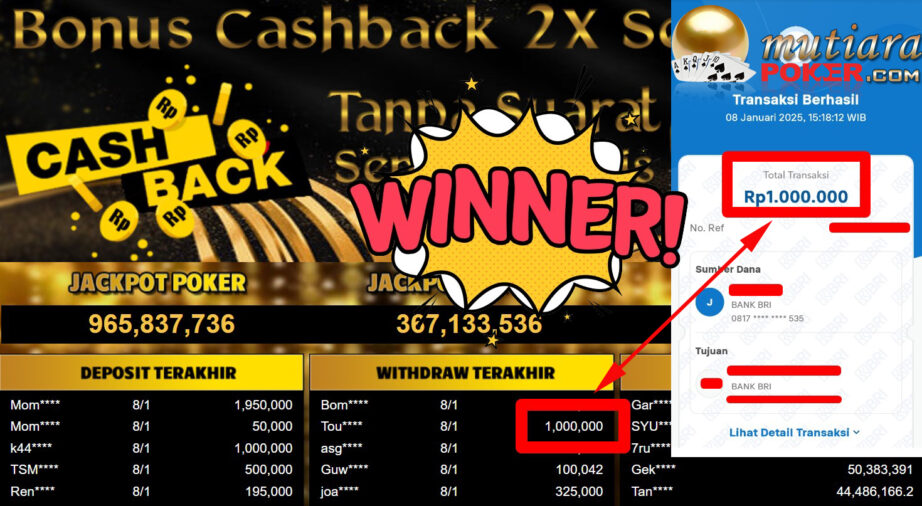 Bukti Withdraw ( 1.000.000,-) Member Setia Mutiarapoker