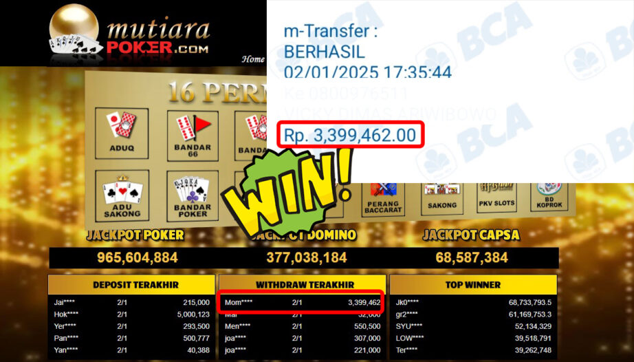 Bukti Withdraw ( 3.399.462,-) Member Setia Mutiarapoker