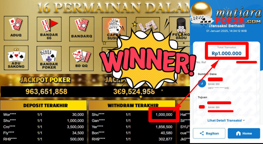 Bukti Withdraw ( 1.000.000,-) Member Setia Mutiarapoker