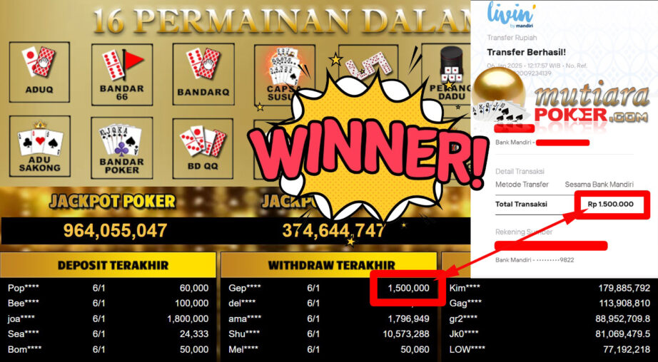 Bukti Withdraw ( 1.500.000,-) Member Setia Mutiarapoker