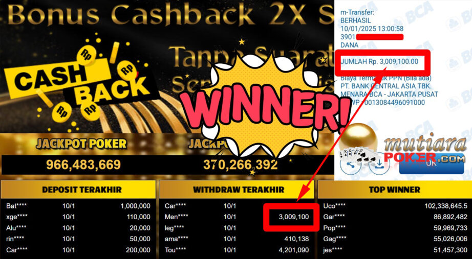 Bukti Withdraw ( 3.009.100,-) Member Setia Mutiarapoker