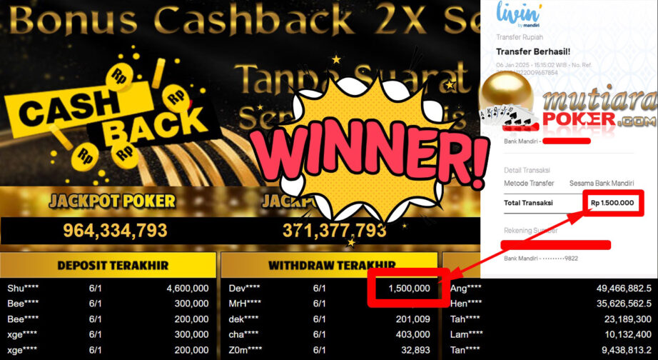 Bukti Withdraw ( 1.500.000,-) Member Setia Mutiarapoker