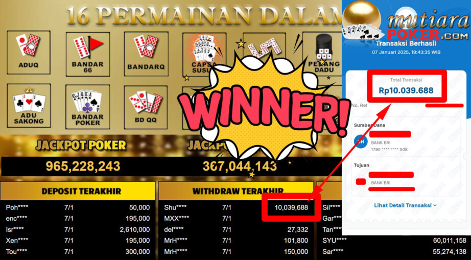 Bukti Withdraw ( 10.039.688,-) Member Setia Mutiarapoker