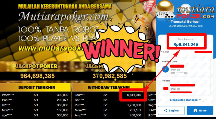 Bukti Withdraw ( 6.841.045,-) Member Setia Mutiarapoker