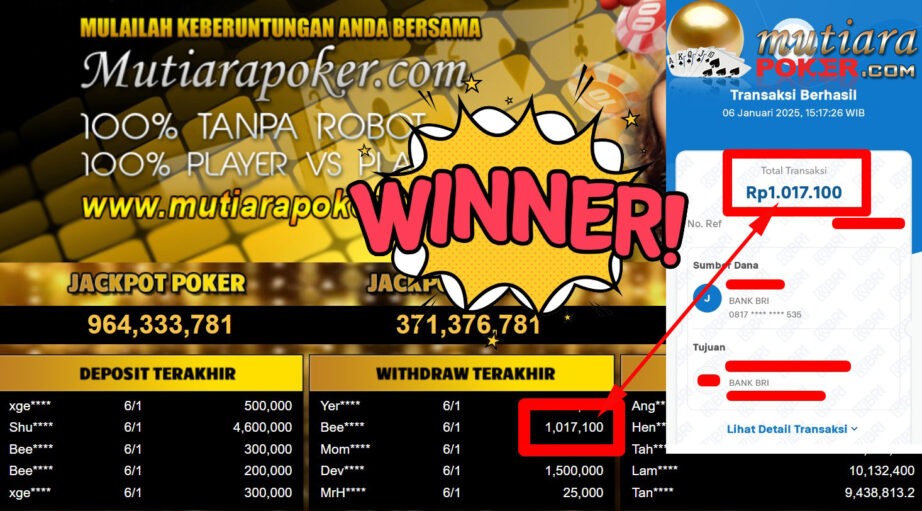 Bukti Withdraw ( 1.017.100,-) Member Setia Mutiarapoker