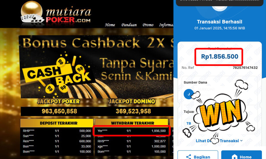 Bukti Withdraw ( 1,856,500,-) Member Setia Mutiarapoker