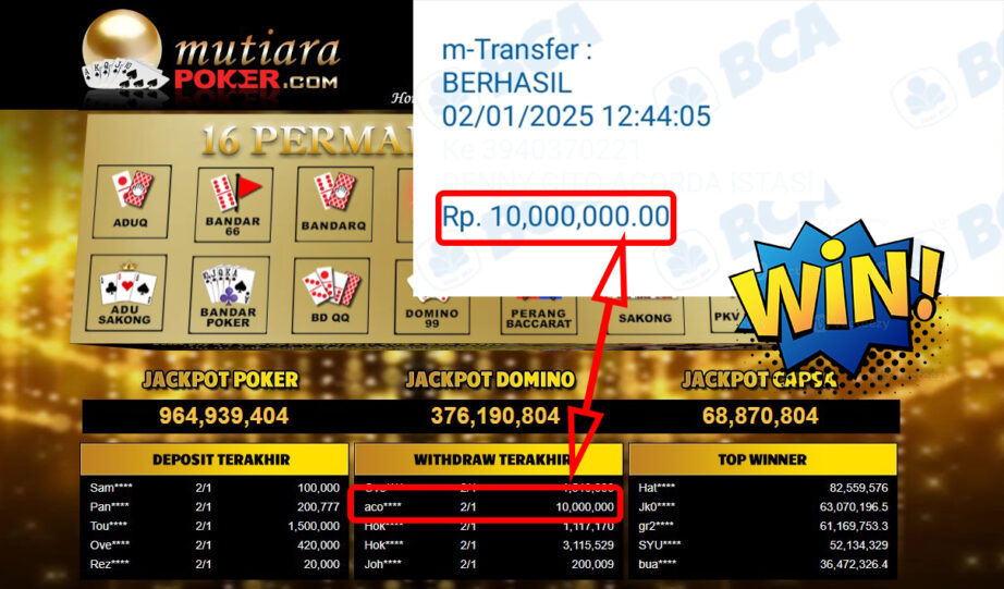 Bukti Withdraw ( 10,000,000,-) Member Setia Mutiarapoker