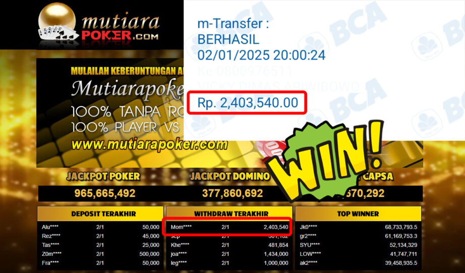 Bukti Withdraw ( 2,403,540,-) Member Setia Mutiarapoker