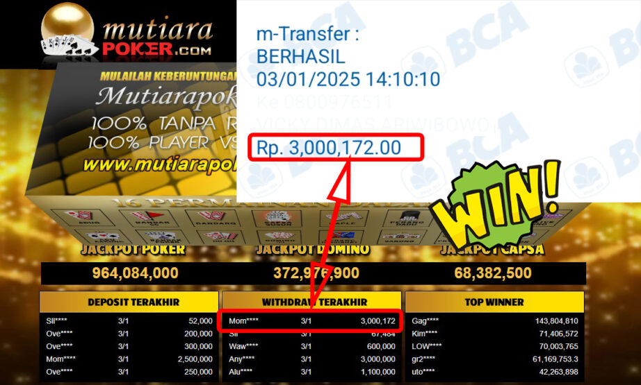 Bukti Withdraw ( 3,000,172,-) Member Setia Mutiarapoker