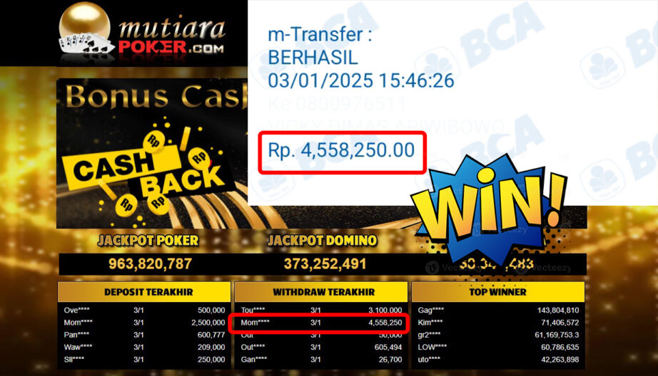 Bukti Withdraw ( 4.558.250,-) Member Setia Mutiarapoker