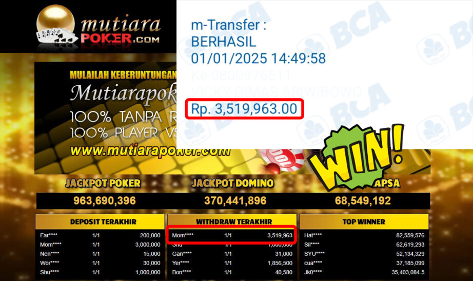 Bukti Withdraw ( 3,519,963,-) Member Setia Mutiarapoker