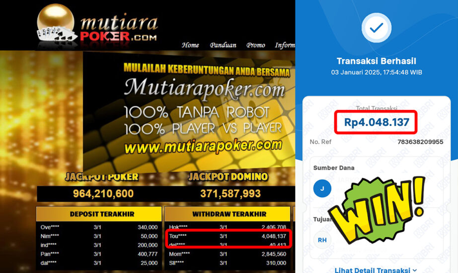 Bukti Withdraw ( 4,048,137,-) Member Setia Mutiarapoker