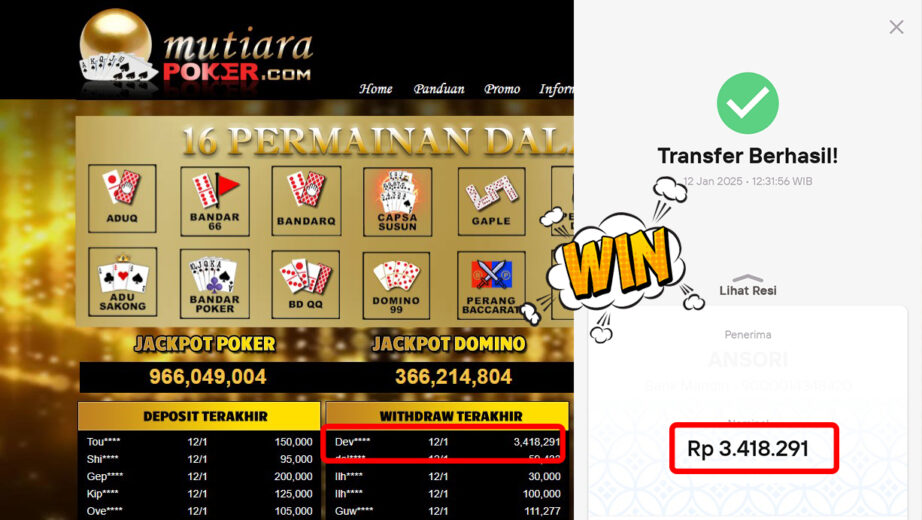 Bukti Withdraw ( 3,418,291,-) Member Setia Mutiarapoker