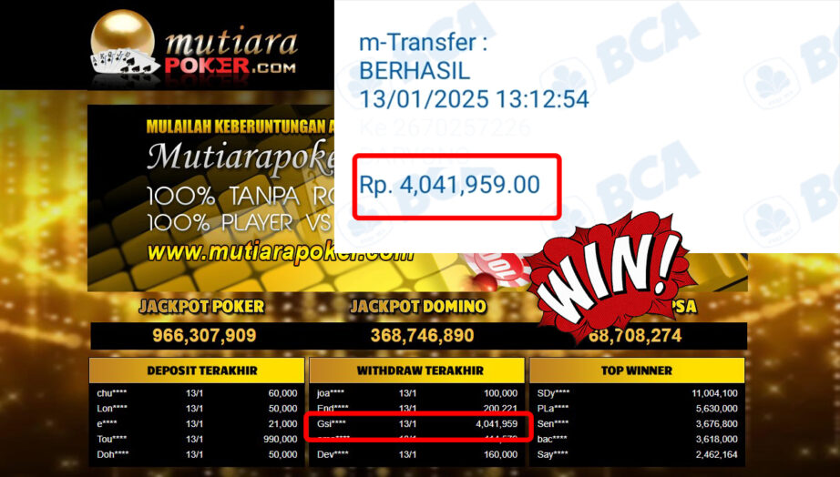 Bukti Withdraw ( 4,041,959,-) Member Setia Mutiarapoker