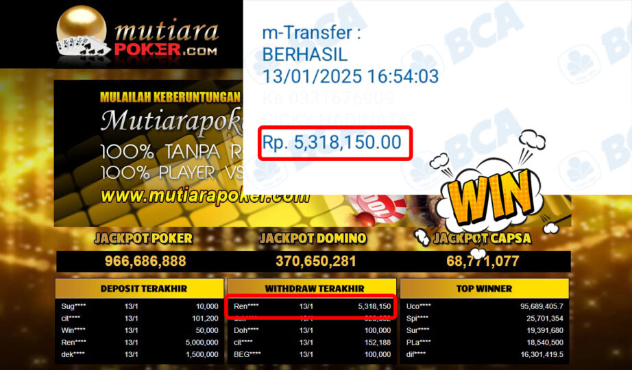 Bukti Withdraw ( 5,318,150,-) Member Setia Mutiarapoker