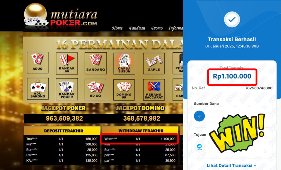 Bukti Withdraw ( 1,100,000,-) Member Setia Mutiarapoker